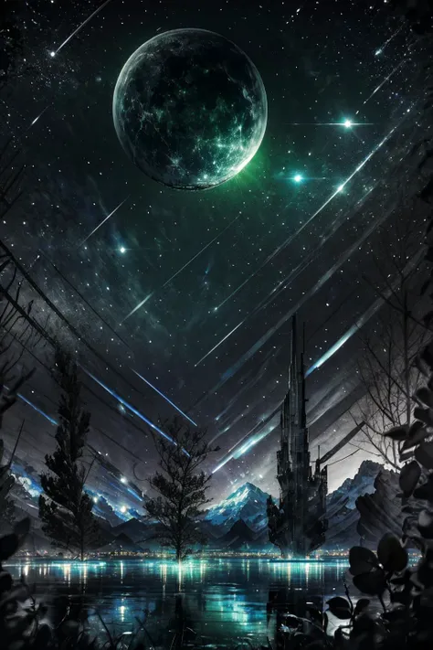 Highly detailed, High Quality, Masterpiece, beautiful, night, (dark environment), mountains, water, trees, <lora:DW-000008:1>