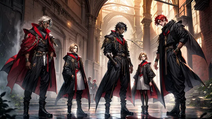 magic, 3 girls and 2 boys, one girl has red hair, one girl is blond, one girl has black hair, one of the boys is a muscular male professor with dark skin, one boy has gray hair, magic academy, masterpiece, portrait, full body shot, <lora:add_detail:0.4> <lora:DW-000008:0.1> <lora:LAS:0.4> <lora:hairdetailer:0.4> <lora:more_details:0.4> <lora:fstyle03-000005:0.3>