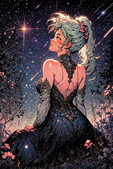 (masterpiece, best quality, detailed, ornate, pastel colors, glimmering), retro, vintage, (from behind), low angle, (solo), 1girl, sitting on a rock, (looking up, head tilted up:1.2), backless dress, bare back, bare shoulders, ponytail, flower ornament, (starry night), meteor shower, nighttime, outdoors, forest, windy, flowers, <lora:Retro_Anime-000002:0.7> <lora:DarkAndLight:0.6>