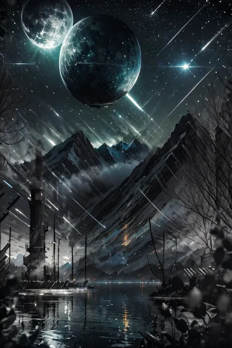 Highly detailed, High Quality, Masterpiece, beautiful, night, (dark environment), mountains, water, trees, <lora:DW-000008:1>