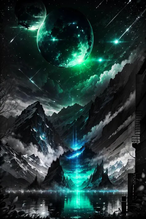 Highly detailed, High Quality, Masterpiece, beautiful, night, (dark environment), mountains, water, trees, <lora:DW-000008:1>