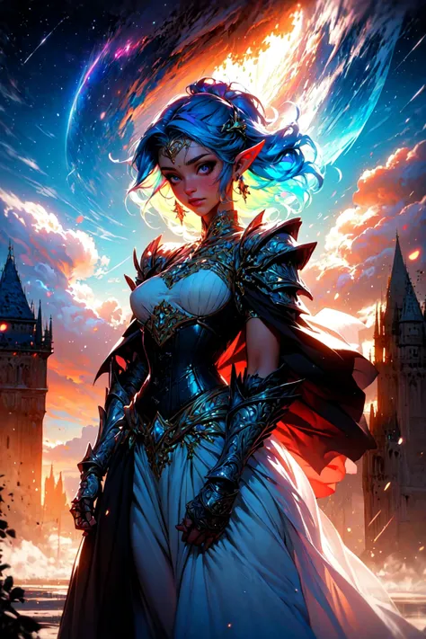 (masterpiece, best quality, detailed, intricate, pastel colors, iridescent), (solo), dynamic angle, (1girl), warrior, white dress, corset, ornaments, gemstones, golden accents, pauldrons, gauntlets, armor, blue hair, pointy ears, outdoors, castle, cloak, windy, night, clouds, wrenchsfantasy, fantasy, glowing <lora:DarkAndLight:0.7> <lora:wrenchsfantasy-000016:0.8>