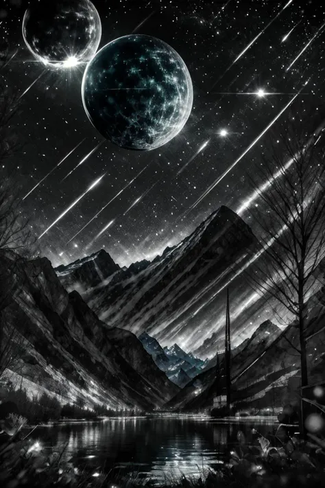 Highly detailed, High Quality, Masterpiece, beautiful, night, (dark environment), mountains, water, trees, <lora:DW-000008:1>