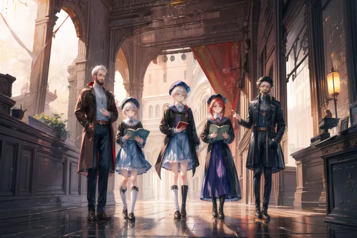 (magic:1.5), (magic powers:1.5), akashic records, (arcane magic:1.3), magic tools, library, magic artifacts, magic books,
((3 girls and 2 boys):1.3),
A tightly-knit group with diverse personalities, showcasing camaraderie and friendship.
( (one girl has red hair with a white uniform dress):1.1),
The red-haired girl exudes an aura of confidence. Her white uniform dress is adorned with subtle magical symbols, hinting at her proficiency in mystical arts.
((one girl is blond wearing a light blue skirt), (one girl has black hair with a book in hand and wears a purple dress and knee high white socks):1.1),
The blond girl radiates a gentle charm in her light blue skirt, while the black-haired companion carries a book filled with ancient spells. Their contrasting styles symbolize the diversity of magical talents.
((one of the boys is a middle aged muscular male professor with dark brown skin tone, grey hair, and a beard wearing a brown jacket, dark skin, beret hat):1.1),
The middle-aged professor stands as a pillar of wisdom and strength, His brown jacket is adorned with magical insignias, reflecting his years of experience in teaching the arcane arts. He wears a gardener's hat with a flower in it and a towel around his neck.
((one boy is a student with white hair and glasses):1.2), (magic academy:1.3),
The student boy with white hair and glasses possesses an inquisitive gaze, signifying his eagerness to learn and unravel the mysteries of magic.
masterpiece, portrait,
The composition should be a captivating portrait, showcasing the characters' personalities and magical prowess in a full-body shot.
full body shot,
<lora:add_detail:0.5> <lora:DW-000008:0.1> <lora:LAS:0.4> <lora:hairdetailer:0.4> <lora:more_details:0.4> <lora:JZCG022-Citywalker:0.4> JZCG022 <lora:fstyle03-000005:0.6>