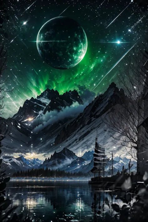 Highly detailed, High Quality, Masterpiece, beautiful, night, (dark environment), mountains, water, trees, <lora:DW-000008:1>