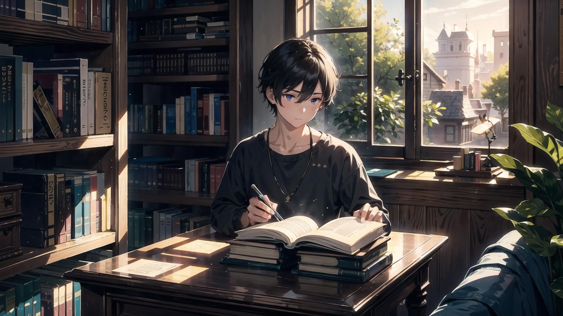 Chico anime sentado a una mesa con un libro y un bolígrafo frente a una ...