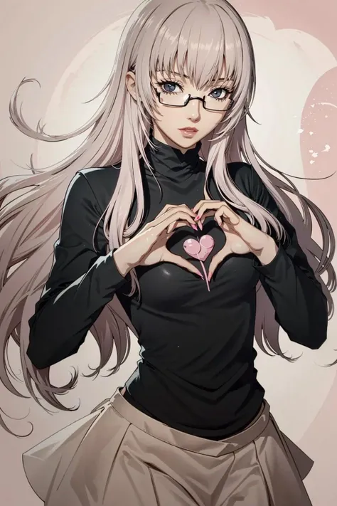 Kath, 1girl, glasses, long hair, heart, solo, heart hands, nail polish, pink background, turtleneck, skirt, looking at viewer
<lora:epi_noiseoffset2:1>,  <lora:Kath:0.7>