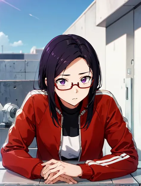 1girl, satou sakie, black hair, purple eyes, glasses, red track jacket, posing on the rooftop <lora:satou_sakie:0.8>