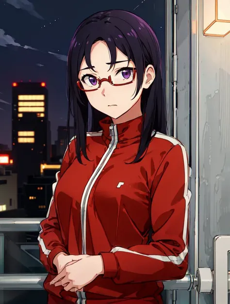 1girl, satou sakie, black hair, purple eyes, glasses, red track jacket, leaning on the balcony at night <lora:satou_sakie:0.8>