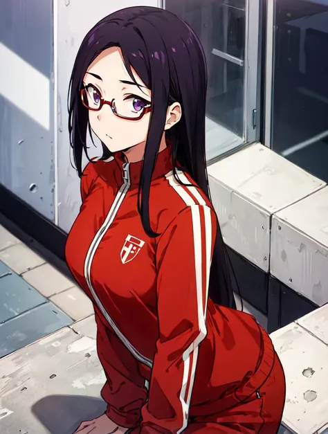 1girl, satou sakie, black hair, purple eyes, glasses, red track jacket, posing on the rooftop <lora:satou_sakie:0.8>