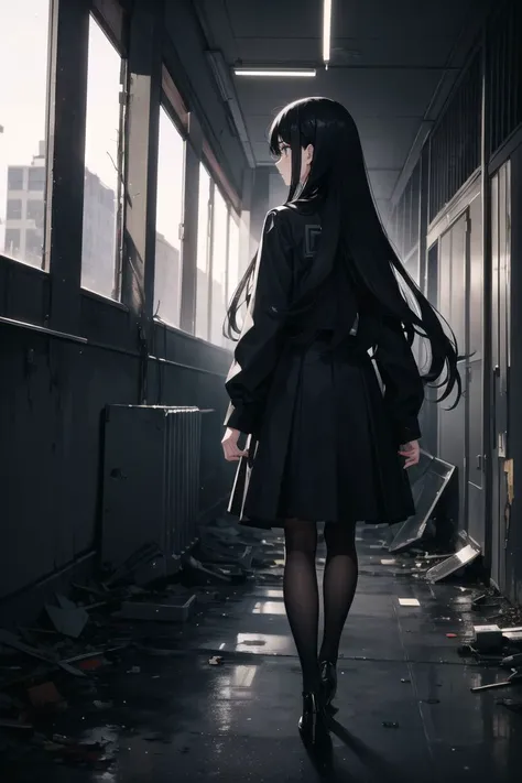 (masterpiece:1.2), (best quality:1.2), (extremely detailed:1.2), 1girl, long hair, black hair, black highschool uniform, blue skirt, knee high stockings, walking, view from side
(abandoned school:1.2), (apocalypse theme:1.2), debris,
<lora:school_hallway_v0.1:0.5>, school hallway,
 <lora:LowRA:0.5>, dark theme