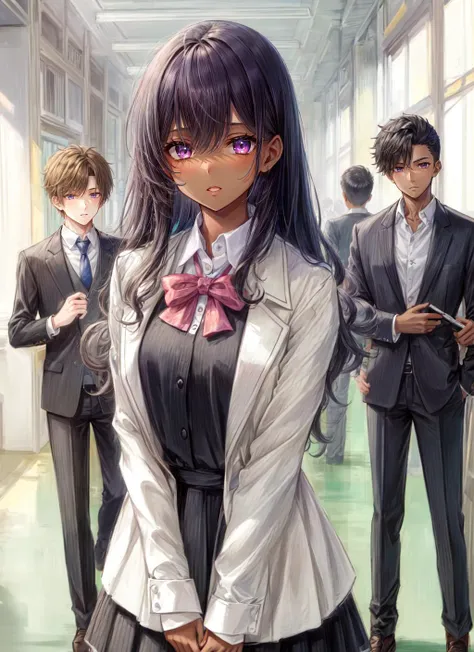 ((best quality)), ((highly detailed)), masterpiece, detailed face, beautiful face, (detailed eyes, deep eyes), (1girl), cowboy shot, <lora:hairdetailer:1>, ((dark skin, dark-skinned female, ebony)):1.2, dark hair, (very curly hair), purple eyes, inside, <lora:school_hallway_v0.1:1>, school hallway, school uniform, BREAK (((multiple boys,multiple girls)))