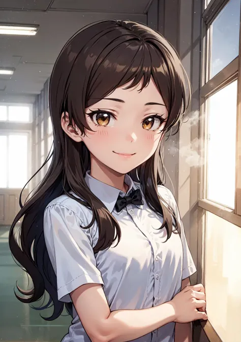 masterpiece, best quality, ultra-detailed,
smile, shiho kitazawa, brown eyes, brown hair, middle school, school uniform, window fog, water drop, steaming body, steam, school hallway, <lora:shiho_kitazawa_v1:1> <lora:school_hallway_v0.1:1>