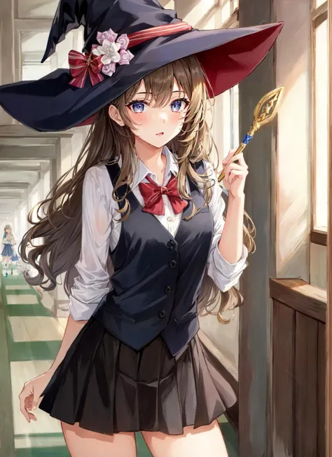 ((best quality)), ((highly detailed)), masterpiece, extremely detailed face, beautiful face, (detailed eyes, deep eyes), (1girl), cowboy shot, witch, witch hat, wand, inside, <lora:school_hallway_v0.1:1>, school hallway, school uniform, BREAK (((multiple girls)))