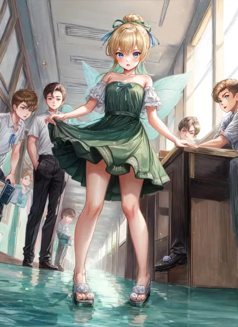 ((best quality)), ((highly detailed)), masterpiece, extremely detailed face, beautiful face, (detailed eyes, deep eyes), (1girl), full body, <lora:hairdetailer:.9>, <lora:tinkerbell_character:.9>, TinkerWaifu, blonde hair, blue eyes, single hair bun, fairy wings, strapless green dress, floating off the ground, sparkles, inside, <lora:school_hallway_v0.1:1>, school hallway, school uniform, BREAK (((multiple boys,multiple girls)))