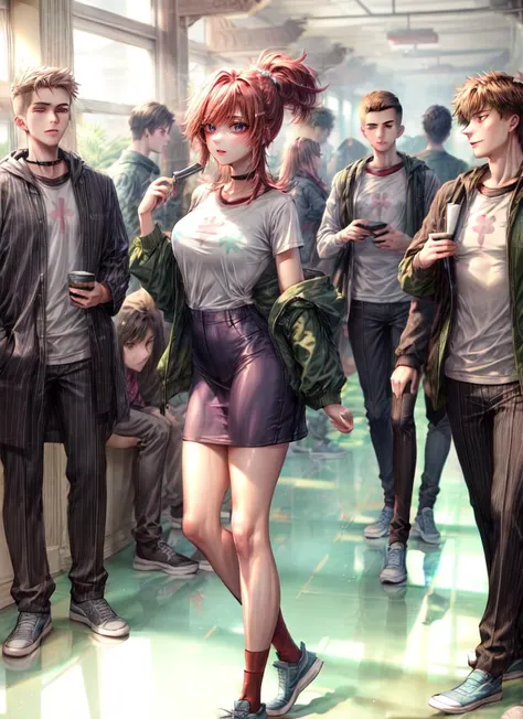 ((best quality)), ((highly detailed)), masterpiece, absurdres, detailed face, beautiful face, (detailed eyes, deep eyes), <lora:more_details:.7>, (1girl), full body<lora:hairdetailer:1>, <lora:frankieFosterLora_v3:.9>, frankie foster, green eyes, red hair, spiky hair, ponytail, medium breasts, white shirt, green zip-up hoodie, midriff, choker, grey skirt, blue sneakers, purple hairclips, (indoors, <lora:school_hallway_v0.1:1>, school hallway, BREAK (((multiple girls,multiple boys))))