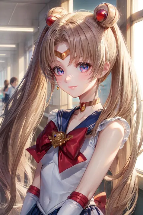 ((best quality)), ((highly detailed)), masterpiece, absurdres, detailed face, beautiful face, (detailed eyes, deep eyes), (1girl), dynamic pose, upper body, <lora:hairdetailer:1>, <lora:smoon-2:1>, tsukino usagi, blonde hair, (very long hair), twin tails, hair bun, blue eyes, smiling, sailor moon, jewelry, sailor senshi uniform, blue sailor collar, red choker, red bow, blue skirt, white elbow gloves, knee boots, red footwear, (indoors, <lora:school_hallway_v0.1:1>, school hallway)