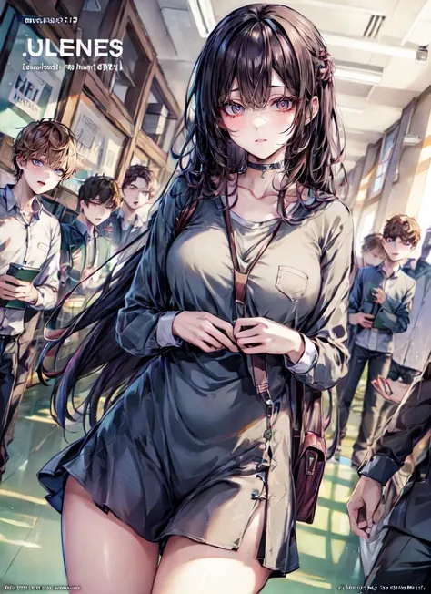 ((best quality)), ((highly detailed)), masterpiece, absurdres, (detailed eyes, deep eyes), <lora:more_details:.5>, (1girl), dutch_angle, cowboy shot, (((very wide shot))), schoolgirl, (indoors, <lora:school_hallway_v0.1:1>, school hallway, school uniform, BREAK (((multiple girls,multiple boys)))), <lora:defaultz_style_v2:.7>, Defaultz style, English text:1.3, magazine cover