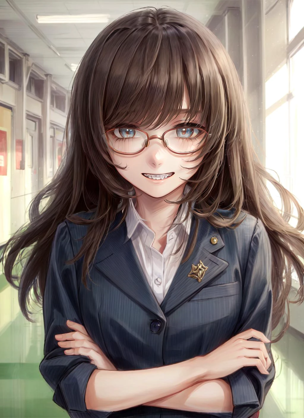 ((best quality)), ((highly detailed)), masterpiece, detailed face, beautiful face, (detailed eyes, deep eyes), (1girl), (glasses), cowboy shot, <lora:hairdetailer:1>, nerd, thick rimmed glasses, smile, <lora:concept-braces-v2:.7>, (braces), inside, <lora:school_hallway_v0.1:1>, school hallway, school uniform