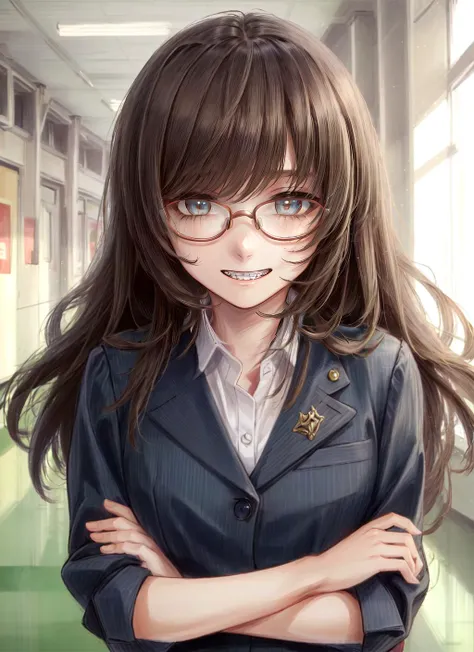 ((best quality)), ((highly detailed)), masterpiece, detailed face, beautiful face, (detailed eyes, deep eyes), (1girl), (glasses), cowboy shot, <lora:hairdetailer:1>, nerd, thick rimmed glasses, smile, <lora:concept-braces-v2:.7>, (braces), inside, <lora:school_hallway_v0.1:1>, school hallway, school uniform