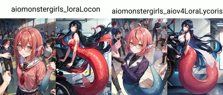 ((best quality)), ((highly detailed)), masterpiece, absurdres, detailed face, beautiful face, (detailed eyes, deep eyes), (1girl), (glasses), upper body, <lora:hairdetailer:.5>, <lora:aiomonstergirls_loraLocon:.4>, <lora:animeMermaid_v10:1>, (mermaid), ((multicolored hair)), pink hair, short hair, orange eyes, fins, head fins, (indoors, <lora:school_hallway_v0.1:1>, school hallway, school uniform, BREAK (((multiple boys))))