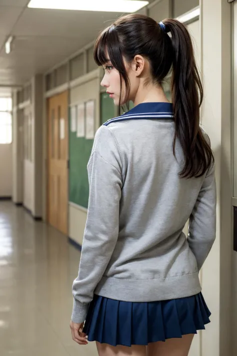 ultra realistic, masterpiece, epic scene, best quality, ultra details, ultra high res, raw photo, intricate details, extremely detailed CG,
<lora:add_detail:0.5>,
real photo of girl, ponytail long hair, black hair, walking, sad expression, back view,
white short shirt, blue sailor collar, wide sailor collar, neckerchief, blue skirt, grey cardigan,
school, school_hallway, The morning sun is shining,
<lora:school_hallway_v0.1:1>