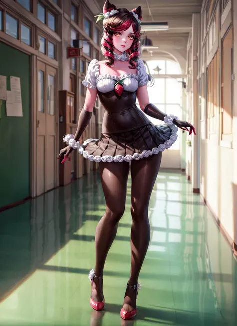 ((best quality)), ((highly detailed)), masterpiece, absurdres, detailed face, beautiful face, (detailed eyes, deep eyes), <lora:more_details:.4>, (1girl), from the front, dynamic pose, full body, <lora:sugar_rush_evelynn:1>, sugar rush evelynn, strawberry hair ornament, multicolored hair, yellow eyes, <lora:coloredSkin:0.45>, (colored skin, pink skin), strapless dress, gloves, chocolate on body, (indoors, <lora:school_hallway_v0.1:1>, school hallway, school uniform)