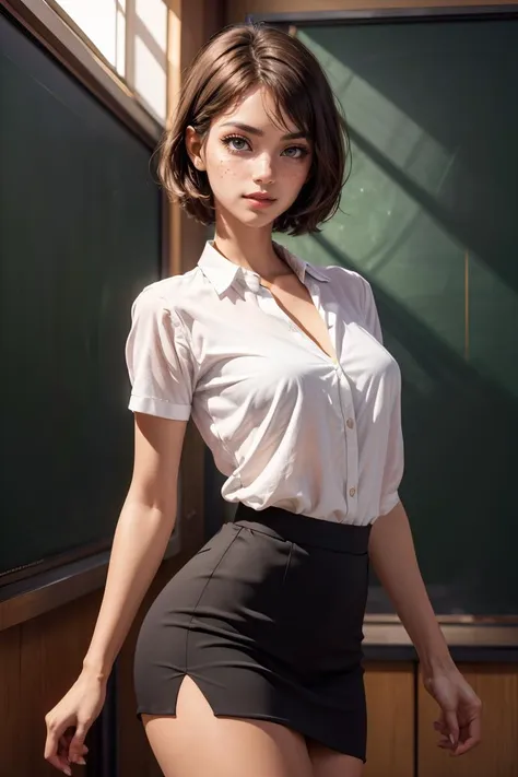 (masterpiece, best quality, highres, high resolution:1.2), extremely detailed, realistic, intricate details, looking at viewer, 1girl, solo, brown hair, short hair, bangs, blush, freckles, eyeliner, eyeshadow, eyelashes, collarbone, medium breasts, thick thighs, wide hips, teacher,  white shirt, skirt, (((teacher on the blackboard))), classroom, school hallway, 
<lora:add_detail:0.5> <lora:realistic:0.65> <lora:school_hallway_v0.1:0.8>