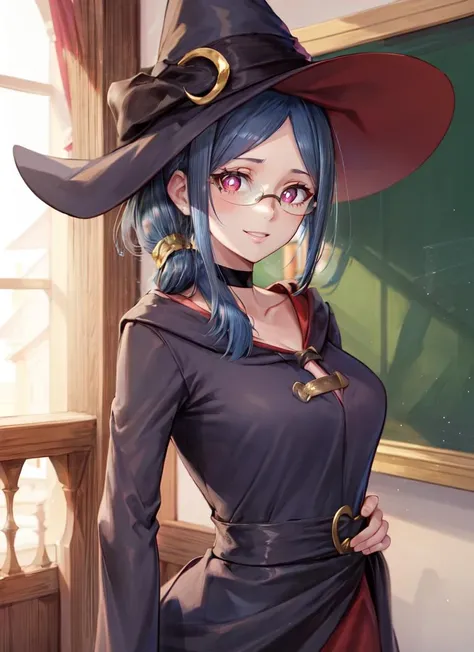 ((best quality)), ((highly detailed)), masterpiece, absurdres, (detailed eyes, deep eyes), <lora:more_details:.2>, (1girl), from behind, looking back, dynamic pose, cowboy shot, <lora:Ursula_Callistis:1>, urca, blue hair, side ponytail, red eyes, white pupils, glasses, breasts, smiling, witch hat, choker, robe, long dress, (outdoors, in a pine_tree forest, twilight, shooting star)