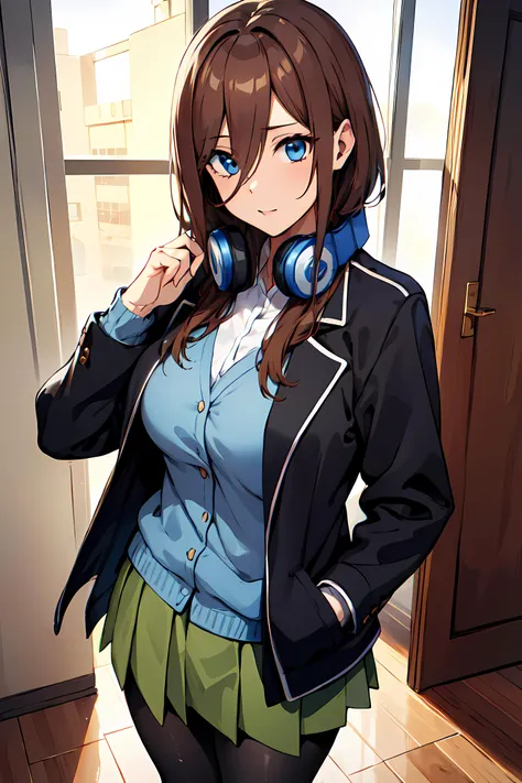 masterpiece,best quality, unreal engine, ultra res, extremely detailed,
1girl, large breasts,  waist , (muscular:0.5) ,slender, 
 <lora:nakano_miku_v10:0.8>
brown hair
nm1, headphones around neck, school uniform, long sleeves, blue cardigan, green skirt, pantyhose, black jacket, open jacket
<lora:Style_hews_style:0.4>hews style <lora:Style_cutesexyrobutts_v2:0.1>CSR STYLE
<lora:Style_puuzaki-puuna-lora-v1:0.0><lora:Style_anmnr01AOM3A1:0.2>
<lora:Concept_Round_Breasts_V7:0.4>round breasts, large  breasts,