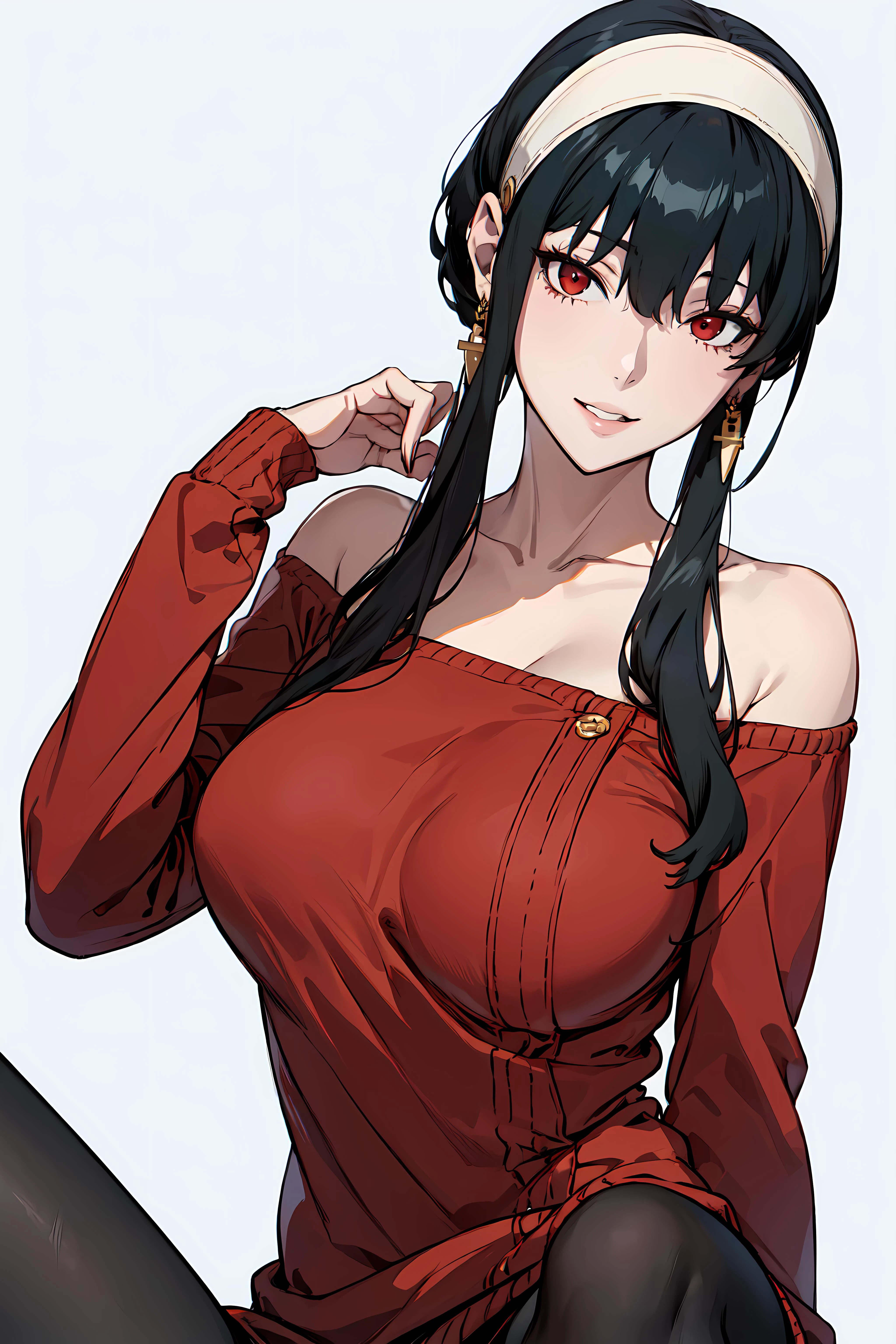 best quality, extremely detailed, anime style, key visual,
8k, high res,
<lora:hews style by goofy ai:0.4> <lora:cutesexyrobutts_v2:0.2> <lora:puuzaki-puuna-lora-v1:0.2> <lora:Maki Yoko_20230823184820:0.4>
<lora:Round_Breasts_V7:0.4>ROUND BREASTS, medium BREASTS
simple background,
1girl, big breasts, slender, waist, (muscular:0.8)
<lora:Character_yor_forger_v1:0.8>
black hair, red eyes,
BBYORF, SHORT HAIR WITH LONG LOCKS, WHITE HAIRBAND, RED EYES, GOLD EARRINGS, LARGE BREASTS, JEWELRY, OFF SHOULDER, RED SWEATER, SWEATER DRESS, LONG SLEEVES, BLACK PANTYHOSE
smile , parted lips, watching at viewer