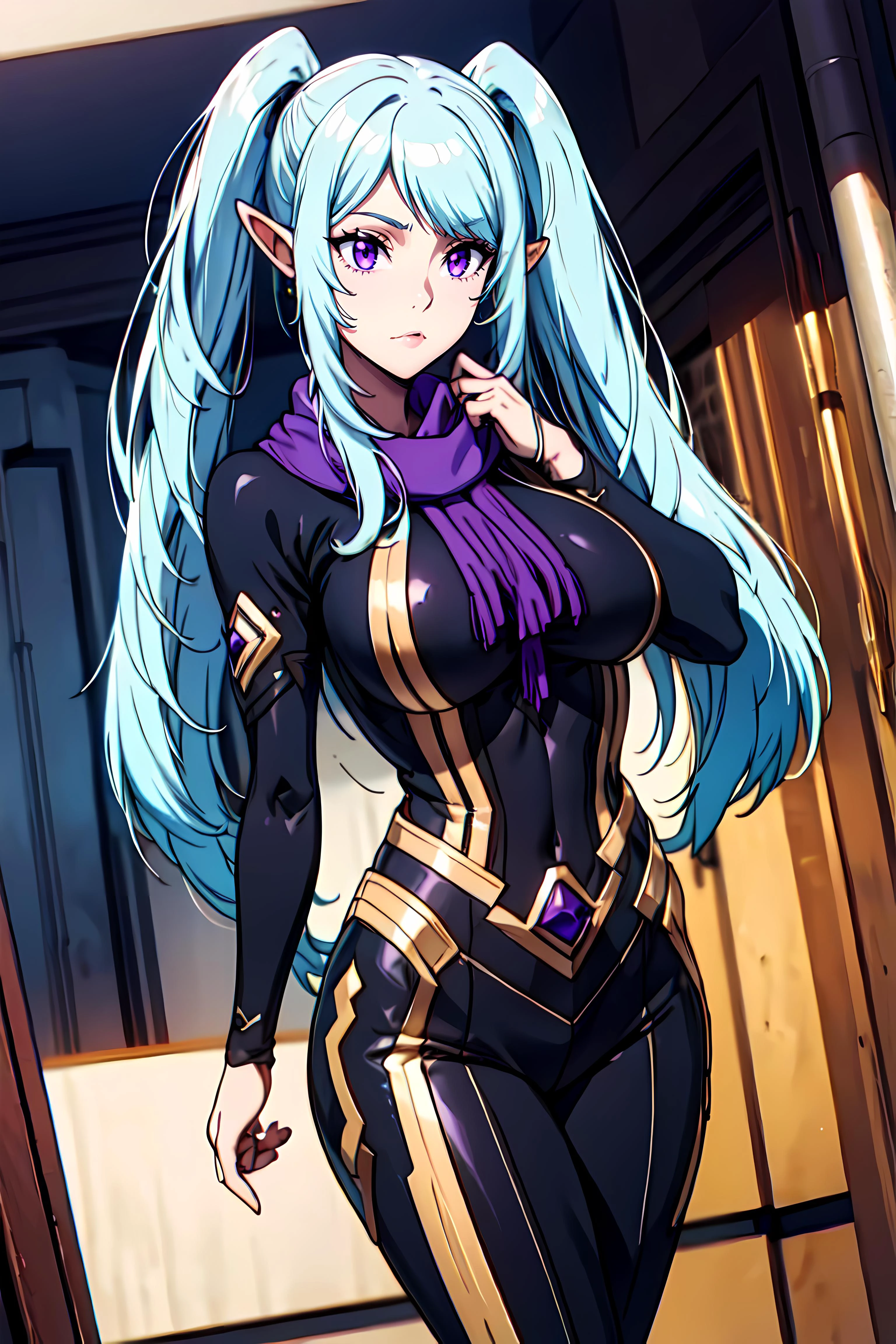 professional 3d model Gothic style masterpiece,best quality, unreal engine, ultra res, extremely detailed,
<lora:hews style by goofy ai:0.4>HEWS STYLE <lora:anmnr01:0.2>
CSR STYLE <lora:cutesexyrobutts_v2:0.1> <lora:puuzaki-puuna-lora-v1:0.1>
<lora:Round_Breasts_V7:0.4>ROUND BREASTS, big BREASTS
1girl,waist, slender, (muscular:0.5)
<lora:epsilon:0.5>epsilon,
light blue hair, twintail,amethyst eyes, pointy ears, elf,
black bodysuit,purple scarf,purple jewelry, . octane render, highly detailed, volumetric, dramatic lighting