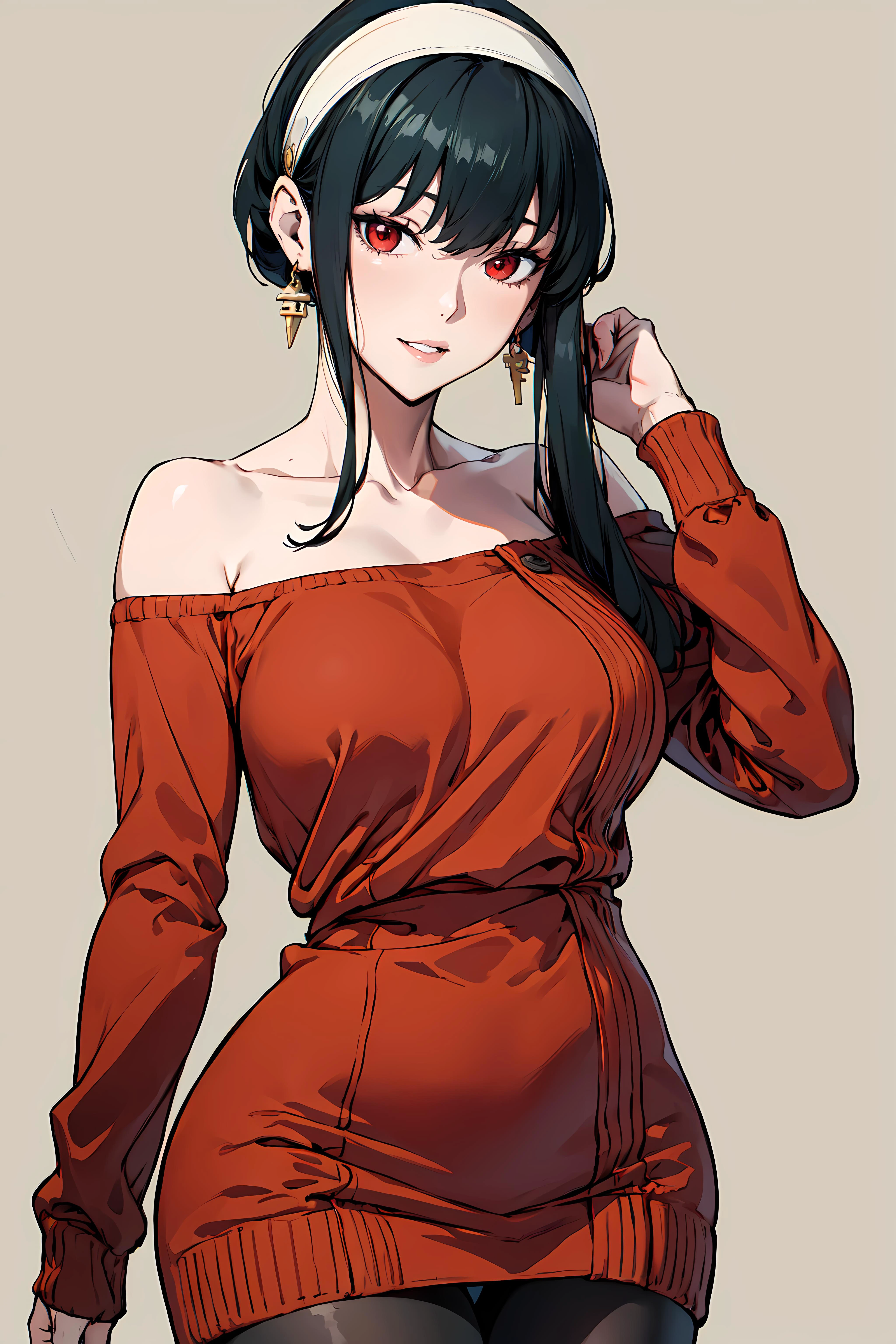 best quality, extremely detailed, anime style, key visual,
8k, high res,
<lora:hews style by goofy ai:0.4> <lora:cutesexyrobutts_v2:0.2> <lora:puuzaki-puuna-lora-v1:0.2> <lora:Maki Yoko_20230823184820:0.4>
<lora:Round_Breasts_V7:0.4>ROUND BREASTS, medium BREASTS
simple background,
1girl, big breasts, slender, waist, (muscular:0.8)
<lora:Character_yor_forger_v1:0.8>
black hair, red eyes,
BBYORF, SHORT HAIR WITH LONG LOCKS, WHITE HAIRBAND, RED EYES, GOLD EARRINGS, LARGE BREASTS, JEWELRY, OFF SHOULDER, RED SWEATER, SWEATER DRESS, LONG SLEEVES, BLACK PANTYHOSE
smile , parted lips, watching at viewer
sexy pose, hand to chin