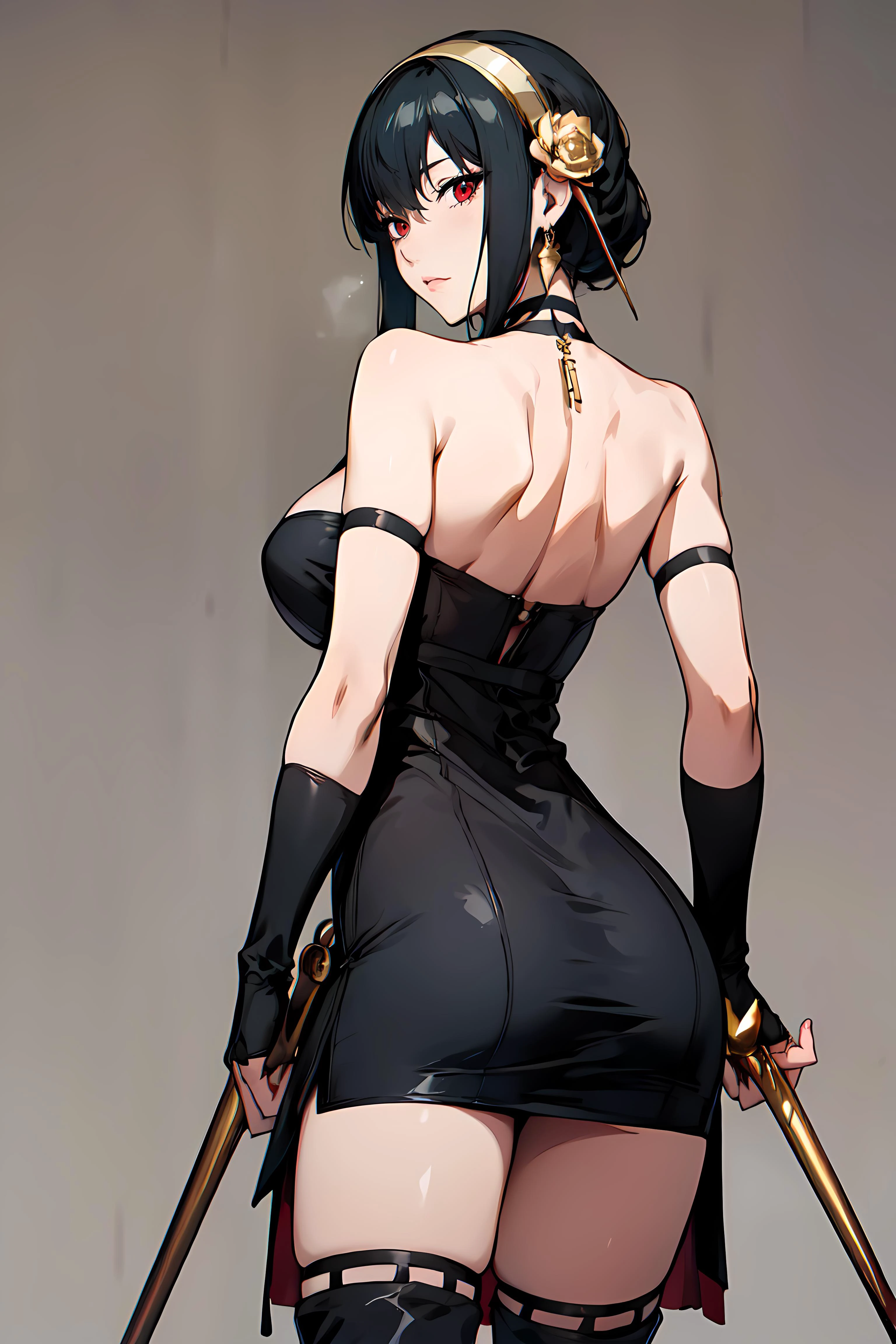 best quality, extremely detailed, anime style, key visual,
8k, high res,
<lora:hews style by goofy ai:0.4> <lora:cutesexyrobutts_v2:0.2> <lora:puuzaki-puuna-lora-v1:0.2> <lora:Maki Yoko_20230823184820:0.4>
<lora:Round_Breasts_V7:0.4>ROUND BREASTS, MEDIUM BREASTS
simple background,
1girl, big breasts, slender, waist, (muscular:0.8)
<lora:Character_yor_forger_v1:0.7>
AAYORF, black hair, red eyes,
SIDELOCKS, GOLD HAIRBAND, HAIR ORNAMENT, RED EYES, GOLD EARRING,
LARGE BREASTS, CHOKER, BARE SHOULDERS, BLACK DRESS, TWO-SIDED DRESS, FINGERLESS GLOVES, THIGH BOOTS
back shot ,back , watching at viewer, evil face,
holding weapon, dual wielding, large stick