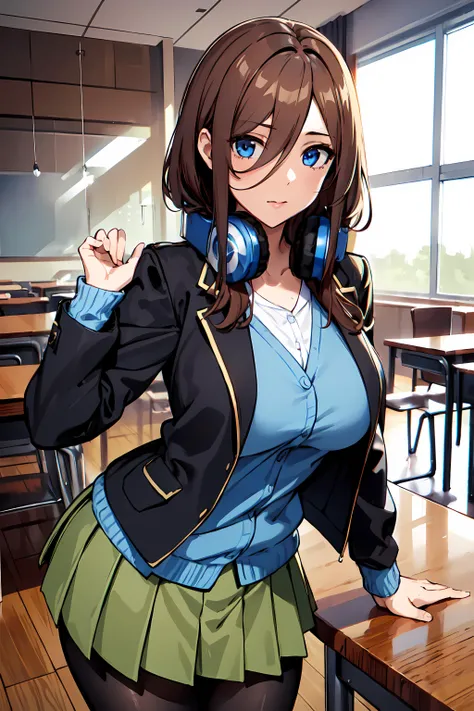 masterpiece,best quality, unreal engine, ultra res, extremely detailed,
1girl, large breasts,  waist , (muscular:0.5) ,slender, 
 <lora:nakano_miku_v10:0.8>
brown hair
nm1, headphones around neck, school uniform, long sleeves, blue cardigan, green skirt, pantyhose, black jacket, open jacket
<lora:Style_hews_style:0.4>hews style <lora:Style_cutesexyrobutts_v2:0.1>CSR STYLE
<lora:Style_puuzaki-puuna-lora-v1:0.0><lora:Style_anmnr01AOM3A1:0.2>
<lora:Concept_Round_Breasts_V7:0.4>round breasts, large  breasts,