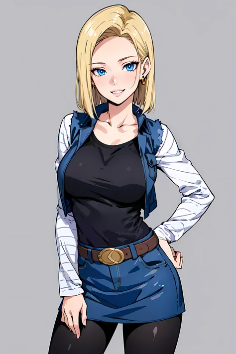 masterpiece,best quality, unreal engine, ultra res, extremely detailed,
1girl, waist, slender, (muscular:0.5)
<lora:hews style by goofy ai:0.4><cutesexyrobutts_v2:0.4><lora_puuzaki-puuna-lora-v1:0.2>
<lora:Round_Breasts_V7:0.4>
ROUND BREASTS, large BREASTS
evil smile, parted lips,
sexy pose, standing,
waist shot, face focus
(simple background:1.2)
(anime style,:1.2) key visual,
<lora:android_18_v110:0.7>
AND18, 1GIRL, ANDROID 18, SOLO, BLONDE HAIR, BLUE EYES, BELT, JEANS,
earrings, jewelry, denim vest, open vest, black pantyhose, black shirt, denim skirt, striped long sleeves, blue skirt,