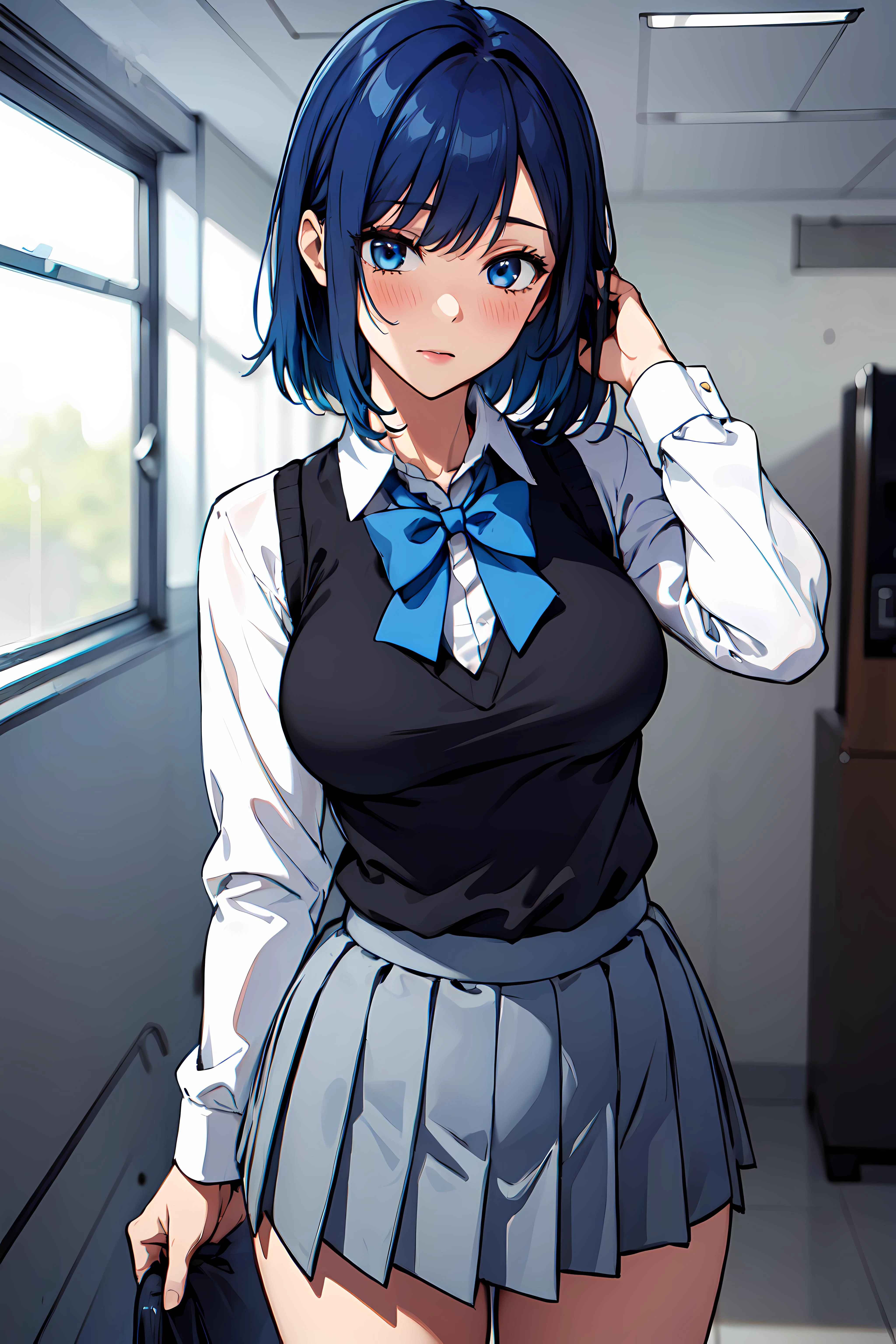 masterpiece,best quality, unreal engine, ultra res, extremely detailed,
1girl, big breasts, waist , (muscular:0.4) ,slender,
<lora:Character_kurokawa_akane_v1:0.4>HMAKANE,
BLUE HAIR, medium HAIR, GRADIENT HAIR, MEDIUM BREASTS, BLUE BOWTIE, COLLARED SHIRT, BLACK VEST, LONG SLEEVES, PLEATED SKIRT, GREY SKIRT
sexy pose, blush,
<lora:Style_hews_style:0.4>hews style <lora:Style_cutesexyrobutts_v2:0.1>CSR STYLE
<lora:Style_puuzaki-puuna-lora-v1:0.1><lora:Style_anmnr01AOM3A1:0.2>
<lora:Round_Breasts_V7:0.4>ROUND BREASTS, MEDIUM BREASTS