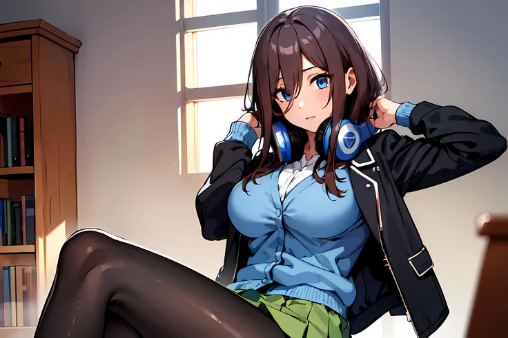 masterpiece,best quality, unreal engine, ultra res, extremely detailed,
1girl, large breasts,  waist , (muscular:0.5) ,slender, 
 <lora:nakano_miku_v10:0.8>
nm1, headphones around neck, school uniform, long sleeves, blue cardigan, green skirt, pantyhose, black jacket, open jacket
<lora:Style_hews_style:0.4>hews style <lora:Style_cutesexyrobutts_v2:0.1>CSR STYLE
<lora:Style_puuzaki-puuna-lora-v1:0.0><lora:Style_anmnr01AOM3A1:0.2>
<lora:Concept_Round_Breasts_V7:0.4>round breasts, large  breasts,