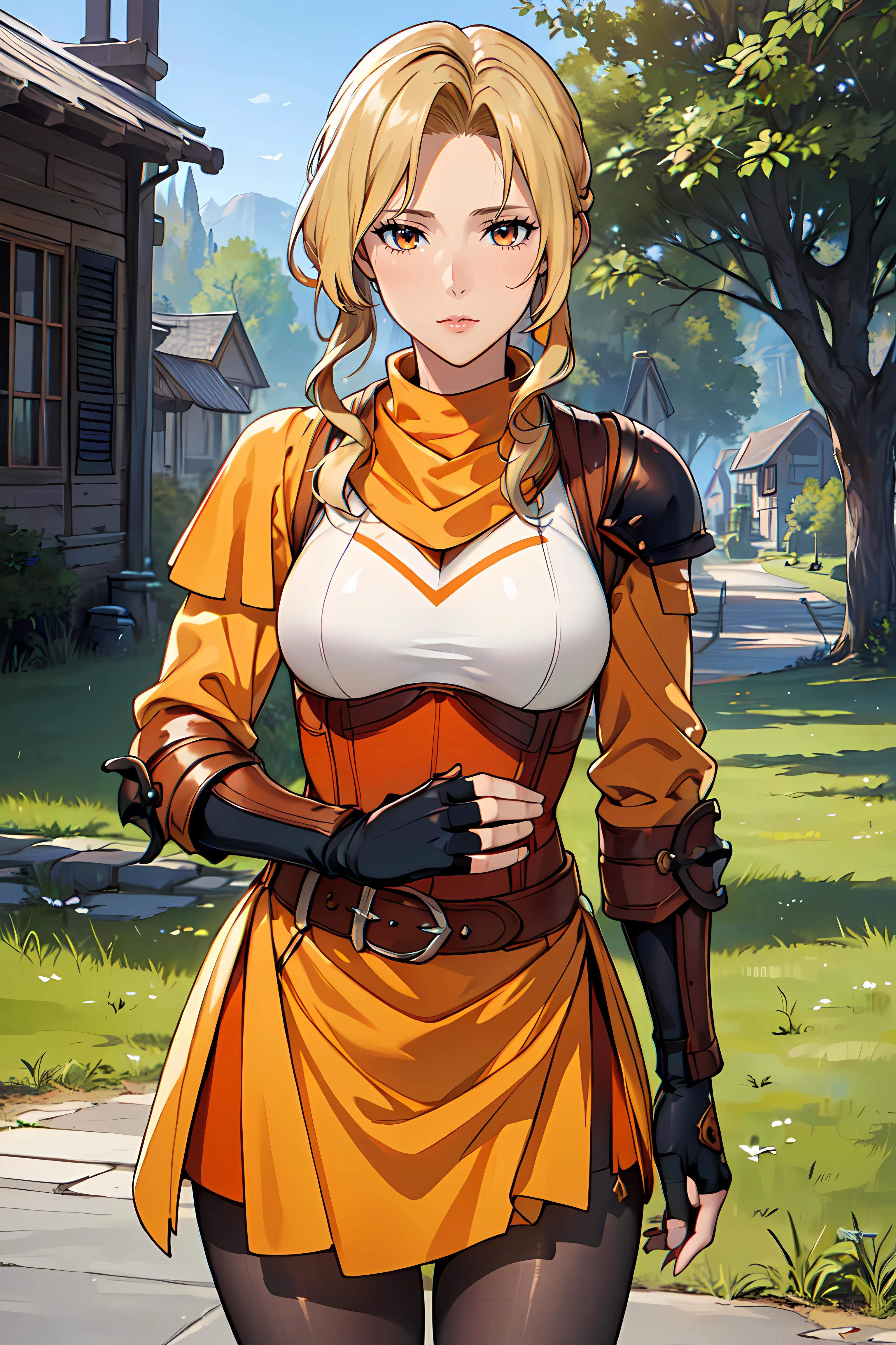 anime artwork masterpiece,best quality, unreal engine, ultra res, extremely detailed,
1mature female, waist, slender, (muscular:0.9)
<lora:Style_hews_style:0.4> <lora:Style_anmnr01AOM3A1:0.2>
<lora:Concept_Round_Breasts_V7:0.4>ROUND BREASTS, medium BREASTS
<lora:brigid-nvwls-v1:0.7>
(EYVEL, ARMOR, FINGERLESS GLOVES, ORANGE DRESS, BELT, WHITE PANTYHOSE:1.2),
waist shot,
outdoor, village, plains, . anime style, key visual, vibrant, studio anime, highly detailed