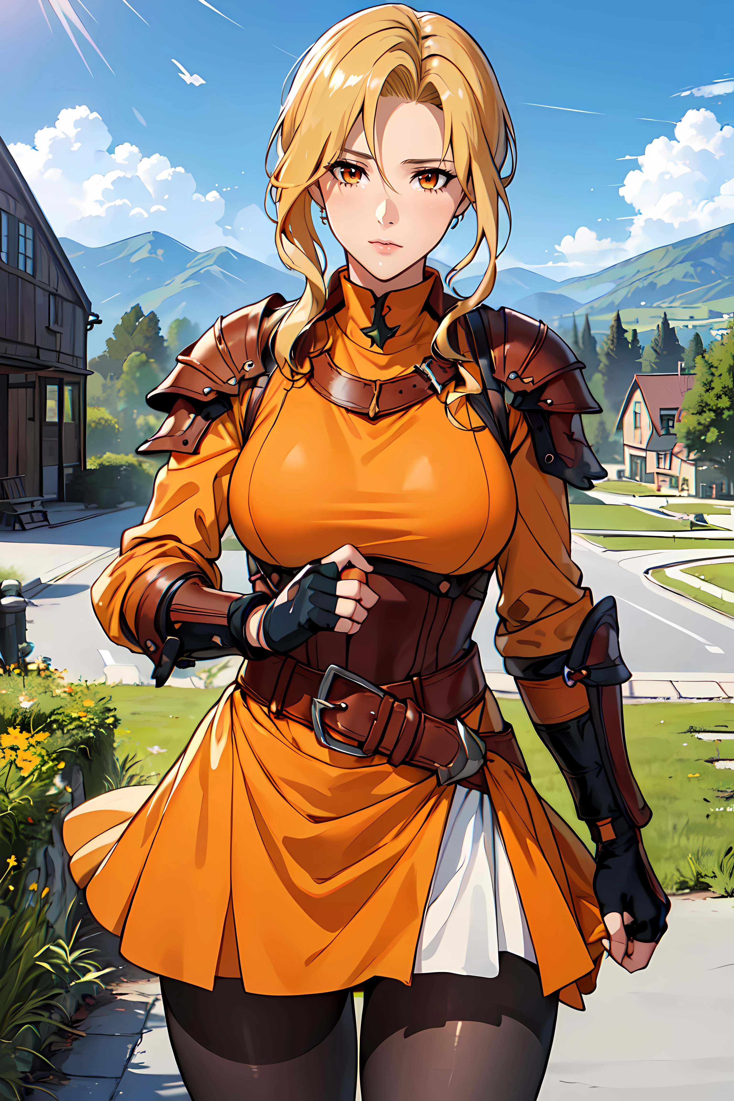 anime artwork masterpiece,best quality, unreal engine, ultra res, extremely detailed,
1mature female, waist, slender, (muscular:0.9)
<lora:Style_hews_style:0.4> <lora:Style_anmnr01AOM3A1:0.2>
<lora:Concept_Round_Breasts_V7:0.4>ROUND BREASTS, medium BREASTS
<lora:brigid-nvwls-v1:0.7>
(EYVEL, ARMOR, FINGERLESS GLOVES, ORANGE DRESS, BELT, WHITE PANTYHOSE:1.2),
waist shot,
outdoor, village, plains, . anime style, key visual, vibrant, studio anime, highly detailed