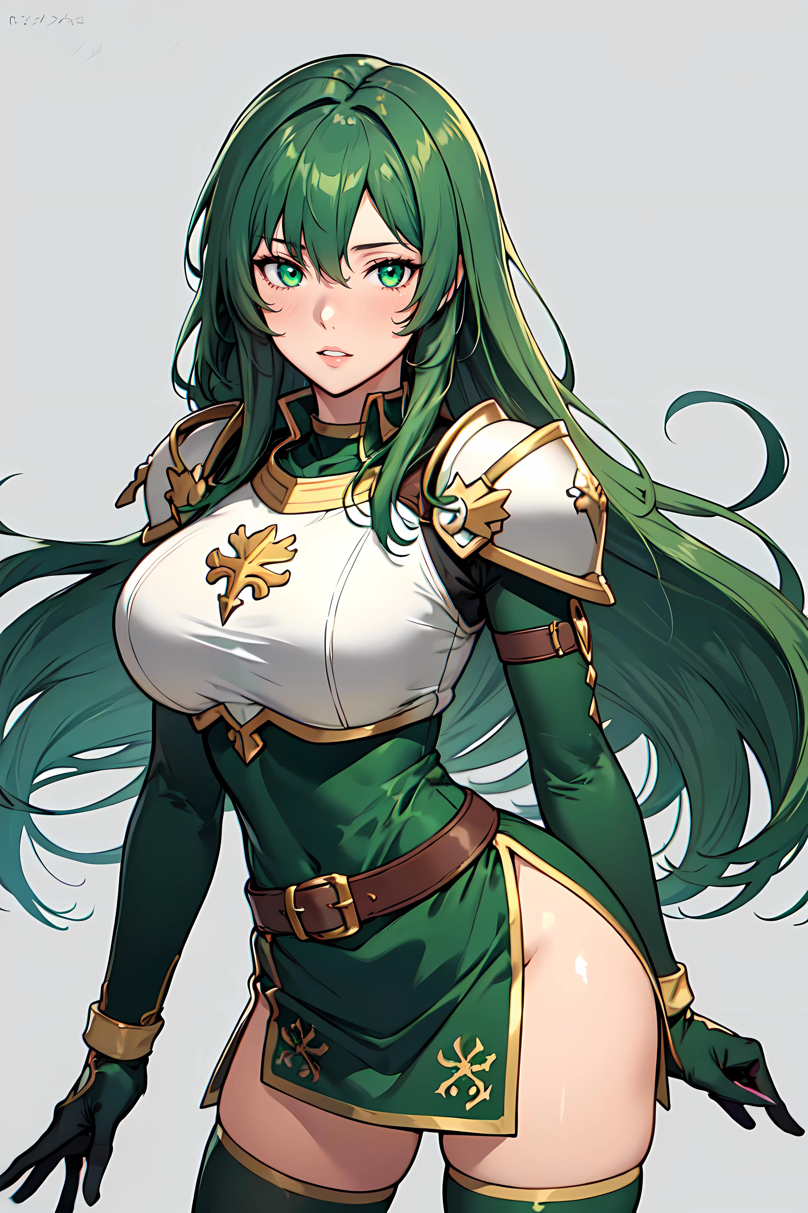 masterpiece,best quality, unreal engine, ultra res, extremely detailed,
1girl, waist, (slender:1.3), (muscular:0.8)
<lora:hews style by goofy ai:0.4><cutesexyrobutts_v2:0.4><lora_puuzaki-puuna-lora-v1:0.1>
<lora:Round_Breasts_V7:0.4>
ROUND BREASTS, big BREASTS
blush, parted lips, watchig at viewer,
standing, sexy pose, hand to chin, upturned face,
waist shot,
simple background
anime style, key visual,
<lora:Erinys_FE:0.5>
Erinys fe,
green hair, green eyes, long hair,
green dress, breastplate,
green gloves, green thighhighs,
thighhighs, gloves, dress, elbow gloves,
armor, short dress, shoulder armor, side slit,
pegasus knight uniform (fire emblem)