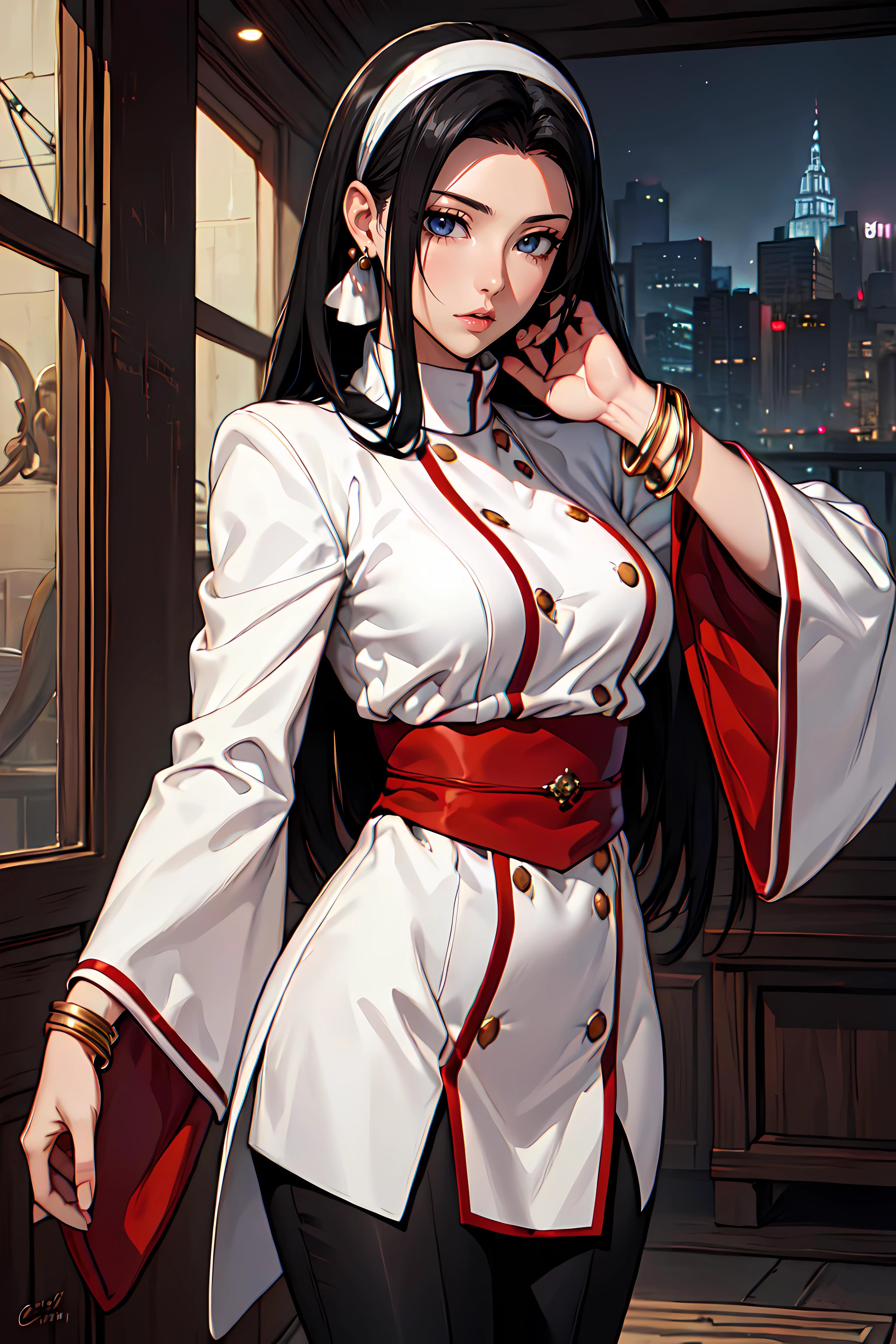 anime artwork masterpiece,best quality,photorealistic, unreal engine, ultra res, extremely detailed,
1girl, big breasts, waist, slender, (muscular:0.9)
<lora:hews style by goofy ai:0.4> <lora:cutesexyrobutts_v2:0.1>
<lora:puuzaki-puuna-lora-v1:0.1>
<lora:Round_Breasts_V7:0.4>ROUND BREASTS,medium BREASTS
<lora:chizuru:0.7>CHIZURUMS, HAIRBAND, JEWELRY, EARRINGS, WIDE SLEEVES, LONG SLEEVES, BUTTONS, HIGH HEELS, SASH, BRACELET, BLACK PANTS
photo fame, key visual,
cowboy shot . anime style, key visual, vibrant, studio anime, highly detailed