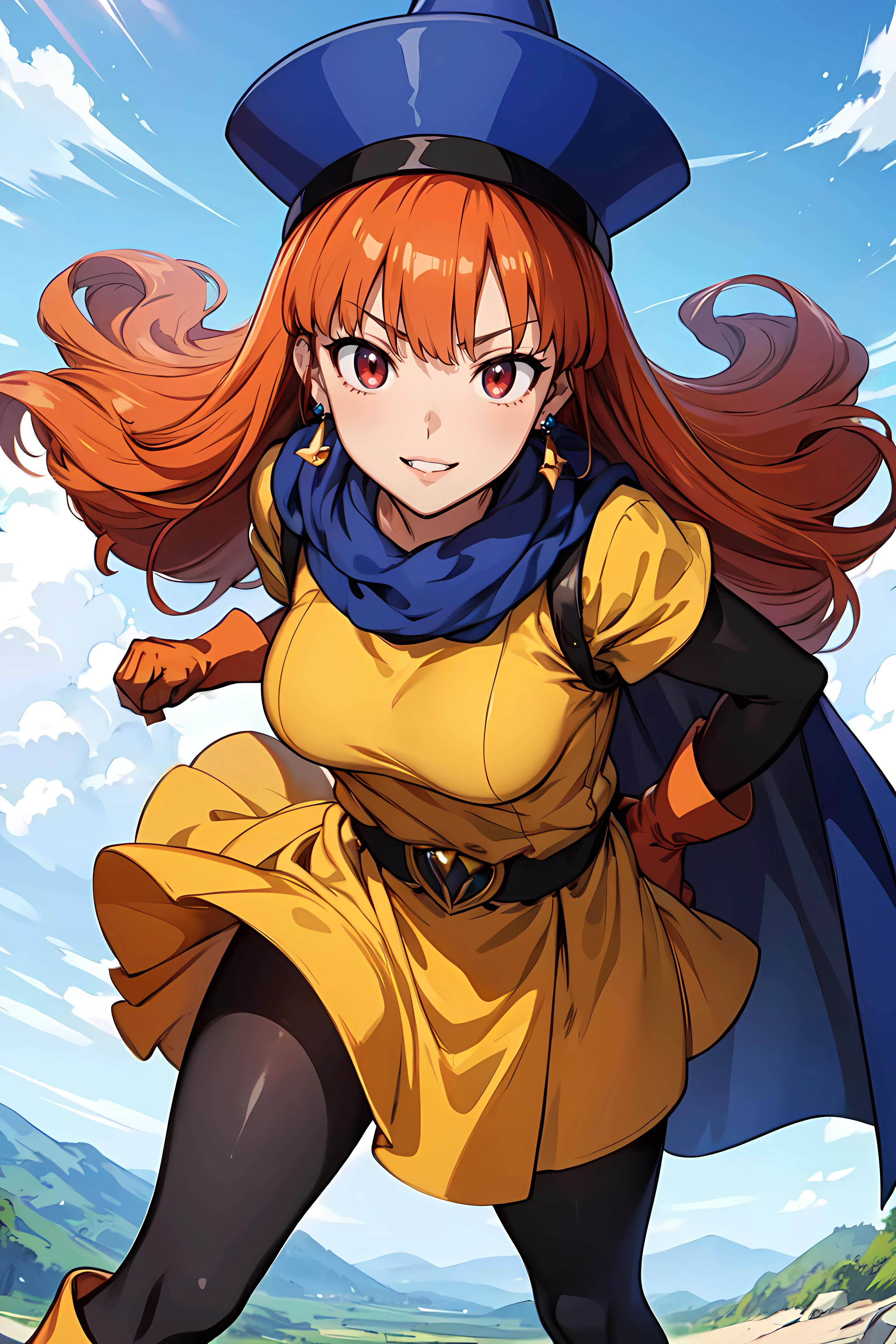 anime artwork anime artwork masterpiece,best quality, unreal engine, ultra res, extremely detailed
<lora:Style_hews_style:0.5> <lora:Style_cutesexyrobutts_v2:0.1> <lora:Style_puuzaki-puuna-lora-v1:0.1>
<lora:Round_Breasts_V7:0.4>ROUND BREASTS, medium BREASTS
1girl, waist, slender,(muscular:0.9)
<lora:Character_alena_dq4:0.8>ALENA,HAT,LONG HAIR,CURLY HAIR,RED EYES,EARRINGS,CAPE,YELLOW DRESS,SHORT SLEEVES,GLOVES,BELT,SKIRT,BLACK PANTYHOSE,BOOTS
clench fist,
smile, parted lips, fighting stance,
plains, . anime style, key visual, vibrant, studio anime, highly detailed