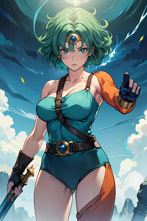anime artwork  anime artwork masterpiece,best quality, unreal engine, ultra res, extremely detailed
<lora:Style_hews_style:0.5> <lora:Style_cutesexyrobutts_v2:0.1> <lora:Style_puuzaki-puuna-lora-v1:0.1>
<lora:Round_Breasts_V7:0.4>ROUND BREASTS, medium BREASTS
1girl,  waist, slender,(muscular:0.9)
 <lora:Character_heroine_dq4_V2:0.6>
HEROINE, 
CIRCLET, CURLY HAIR, GREEN HAIR, SHORT HAIR, ASYMMETRICAL CLOTHES, LEOTARD, BELT, SINGLE GLOVE, SINGLE SLEEVE, SINGLE THIGHHIGH
magic casting, thunder style, lighting effect,
holding sword, shield, . anime style, key visual, vibrant, studio anime,  highly detailed