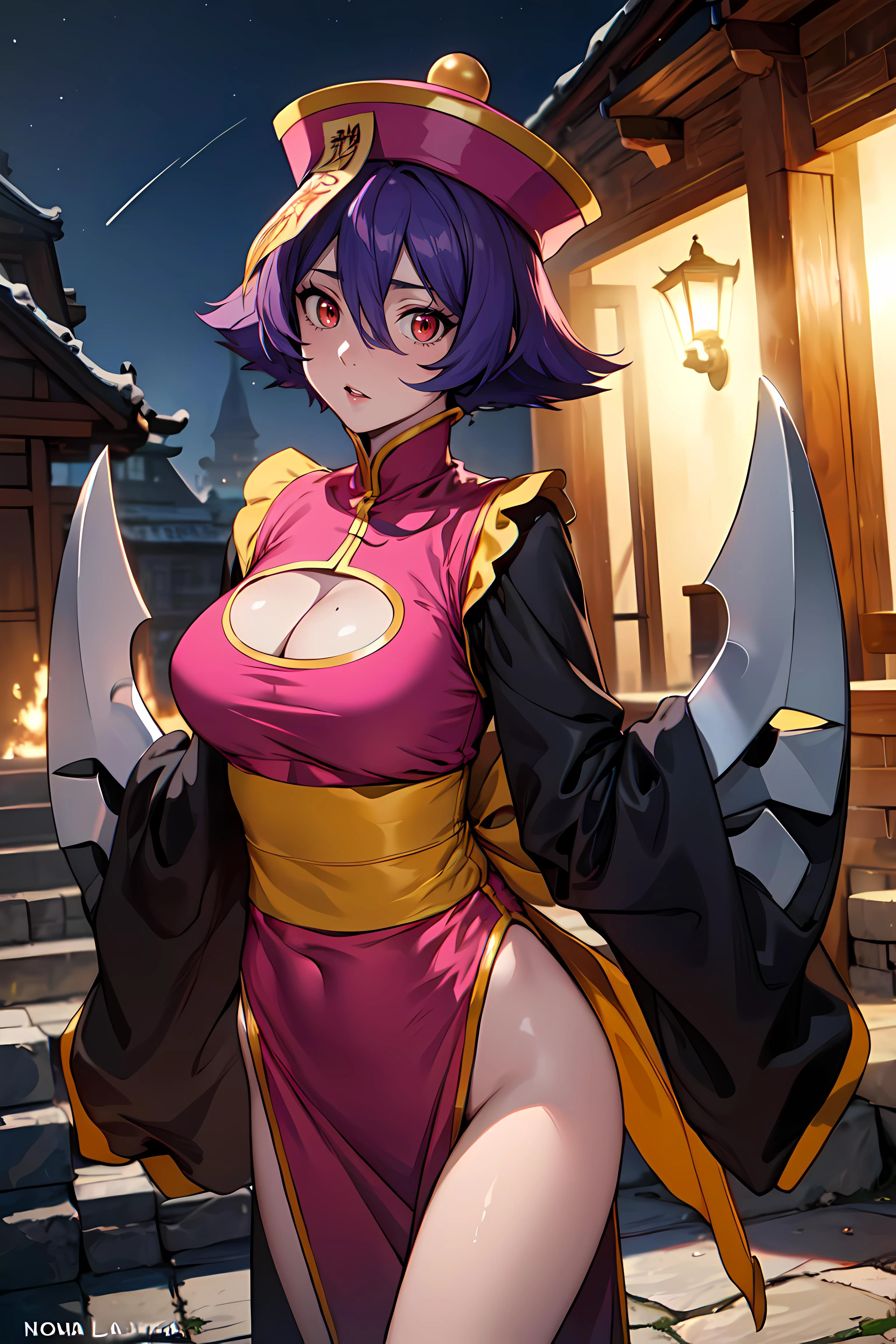 anime artwork anime artwork masterpiece,best quality, unreal engine, ultra res, extremely detailed,
1girl, solo, waist, slender, (muscular:0.8)
<lora:Style_hews_style:0.4><cutesexyrobutts_v2:0.2><lora_puuzaki-puuna-lora-v1:0.2>
<lora:Round_Breasts_V7:0.4>
ROUND BREASTS, medium BREASTS, thigh
grave, night, horror , night garden
<lora:GAME_lei_lei_ownwaifu:0.7>
GAME_LEI_LEI_OWNWAIFU, WWW.OWNWAIFU.COM,
lei lei, colored skin, short hair, blue skin, breasts, flipped hair,
red eyes, purple hair, hair between eyes, hat, jiangshi, chinese clothes,
cleavage cutout, ofuda, cleavage, pants, pink headwear, dress,
zombie, long sleeves, sash, wide sleeves, pink dress, sleeves past wrists, china dress, yellow sash,
large claws, . anime style, key visual, vibrant, studio anime, highly detailed