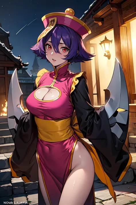 Masterpiece , highlydetailed, Hyperrealistic, fullbodyshot of Haryuu ,oni horns, short black hair, glowing red eyes, kimono off shoulder showing large breasts and clivage, perfect hands, good hands, perfect face features with seductive and serious look, perfect thick curvy and muscular body shape