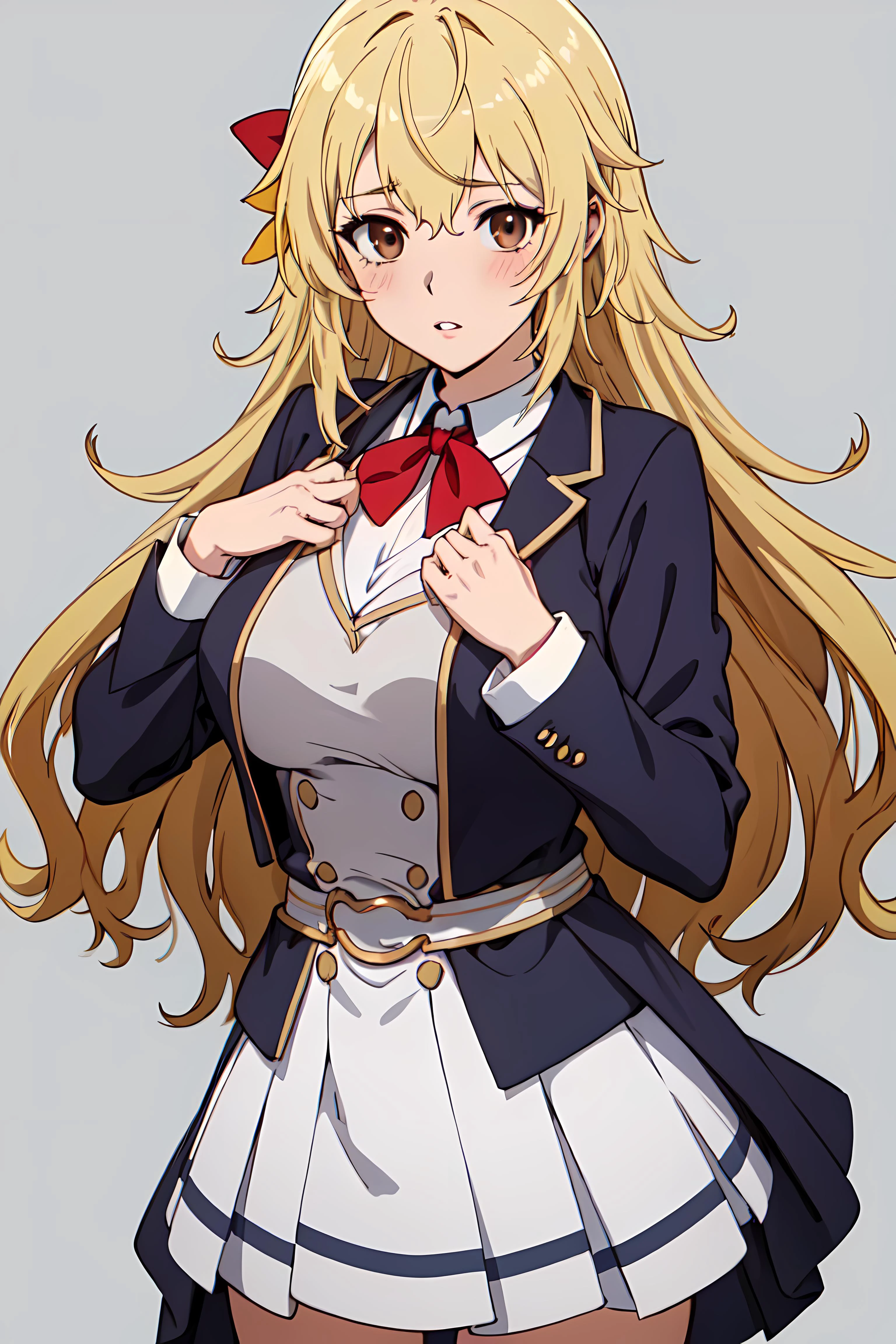 anime artwork masterpiece,best quality, unreal engine, ultra res, extremely detailed,
1girl, waist, slender, (muscular:0.7)
<lora:hews style by goofy ai:0.4><cutesexyrobutts_v2:0.4><lora_puuzaki-puuna-lora-v1:0.2>
<lora:Round_Breasts_V7:0.4>
ROUND BREASTS, big BREASTS
blush, parted lips, watchig at viewer,
<lora:yifa:0.6>
blonde hair, long hair, single blaid, red ribbon,
brown eyes,
school uniform, blazer jacket, red bowtie, plated skirt
standing, sexy pose, hands to chest
waist shot,
simple background,
anime style, key visual, . anime style, key visual, vibrant, studio anime, highly detailed