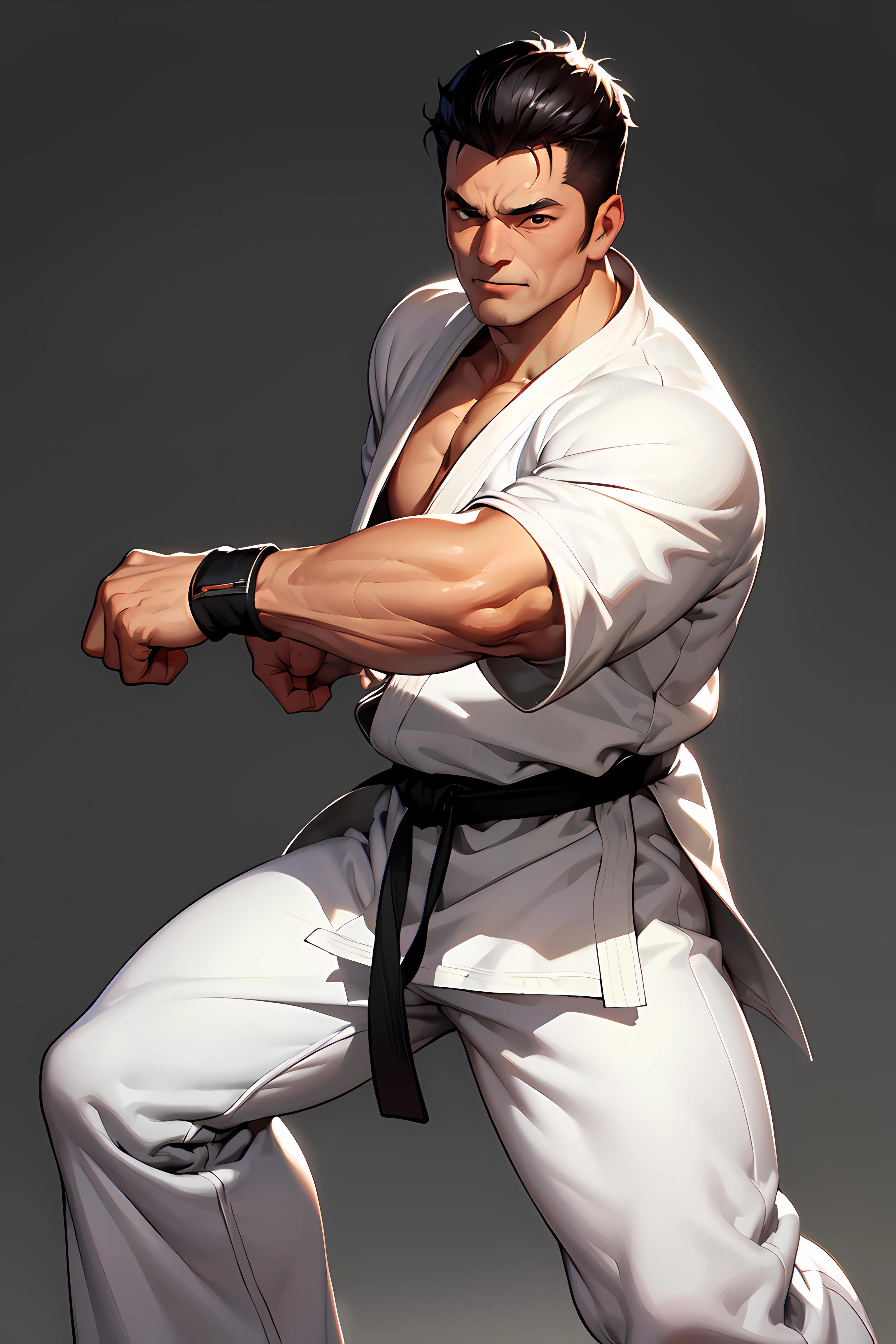 masterpiece,best quality, unreal engine, ultra res, extremely detailed,
1guy, 40 y.o. takumasakazaki, white kimono , white pants , black belt , fighting pose ,
<lora:TakumaKarate-Stasis:0.7>