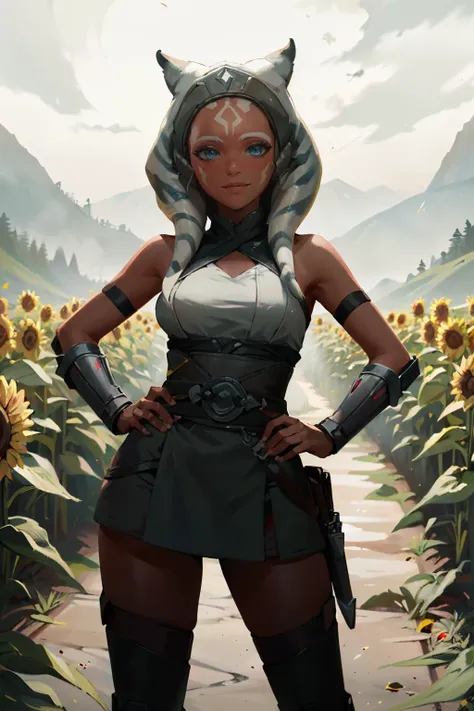 ((ultra detailed, masterpiece, absurdres))
StarWAhsoka, 1girl, dark skin, white facial mark, surrounded by sunflowers in a bright field, smiling, with hands on hips 4k, trending on artstation, photorealistic, hyper detailed, unreal engine 5, IMAX quality, cinematic, epic lighting, in the style of DOOM and Quake and Greg Rutkowski
<lora:StarWAhsoka:0.9>