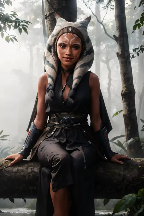 StarWAhsoka,dark skin, white facial mark, black robes, looking at viewer, smiling, sitting, on log, outside, jungle, river, fog, high quality, masterpiece, <lora:StarWAhsoka:.8>